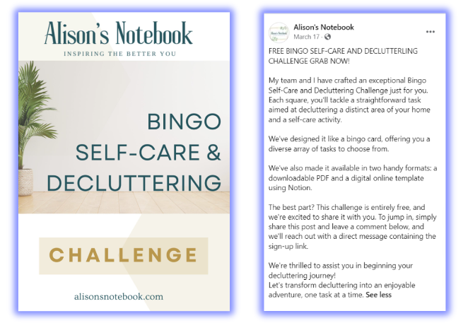 A screenshot from the Alison's Notebook Facebook page showcasing a free bingo kit challenge.