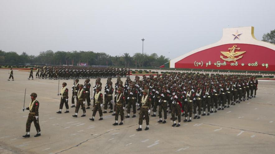 Military officers march during a parade to commemorate Myanmar's 78th Armed Forces Day in Naypyitaw, Myanmar, on March 27, 2023.