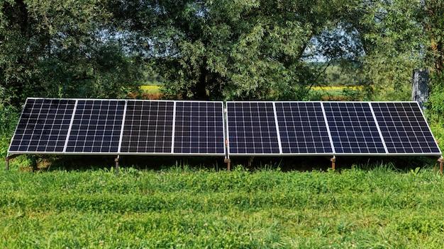 Solar panels on the ground in the nature. Greenery around