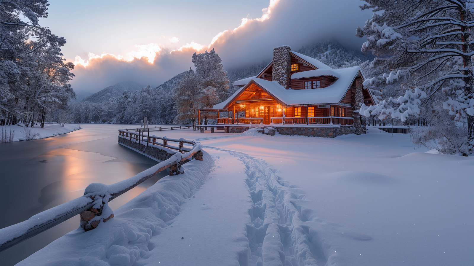 A warm lakeside cabin in the midst of the snow