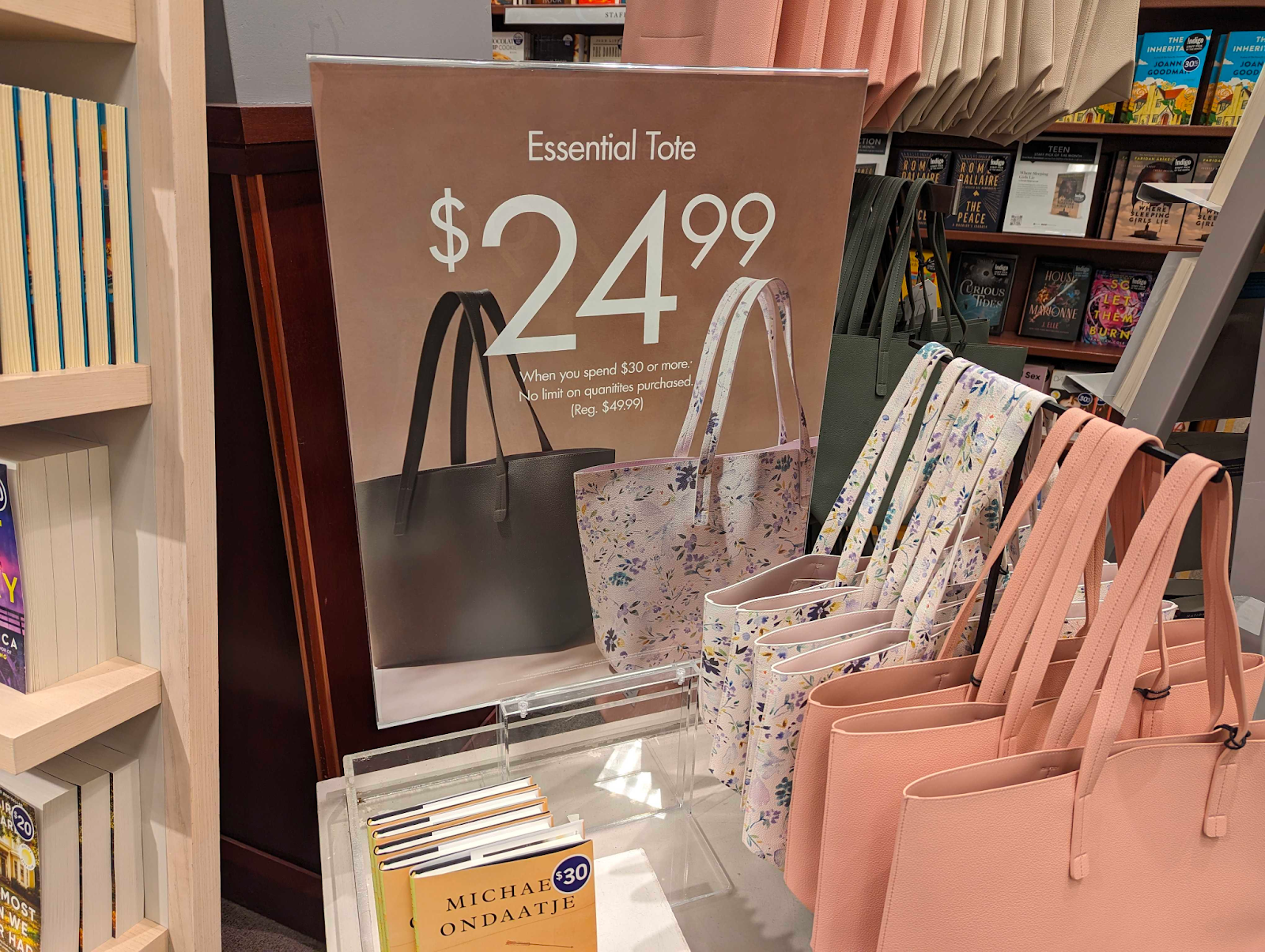 Image of Indigo's offer for an essential tote at half the price when customers spend $30 or more.
