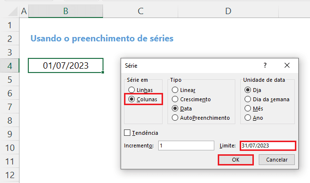 Caixa do preenchimento de séries com data no excel