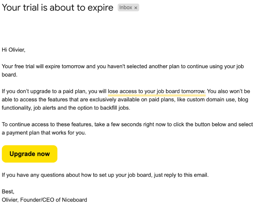 order cancellation email example from Niceboard