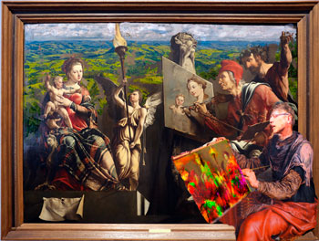Ilustração: Maria e Jesus posando para São Lucas, sendo retratados por Henrique Vieira Filho, tendo ao fundo a cidade de Socorro/SP - releitura surrealista da obra de Maerten Van Heemskerck