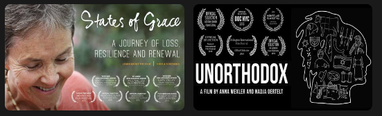 Screenshot of previews of two films with many awards - States of Grace and Unorthodox