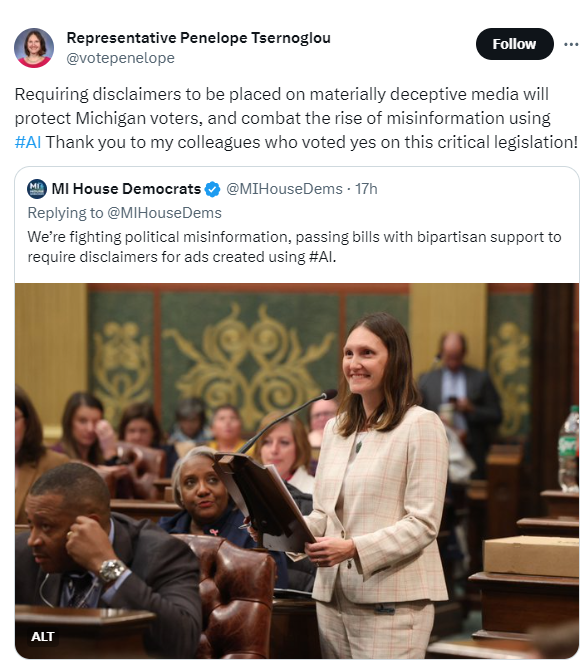 Representative Penelope Tsernoglou quote tweeting a Michigan House Dems tweet about the AI legislation. 