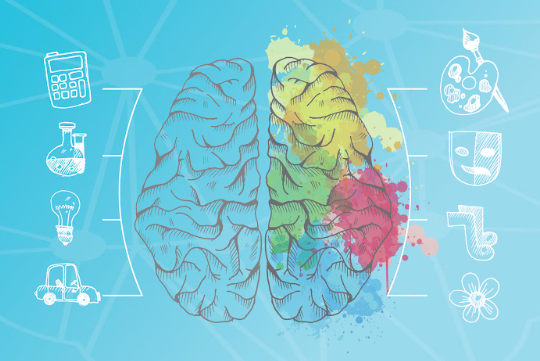 An infographic showing the left hemisphere of the brain is typically associated with logical and analytical thinking, while the right hemisphere is often linked to creativity and visualization.
