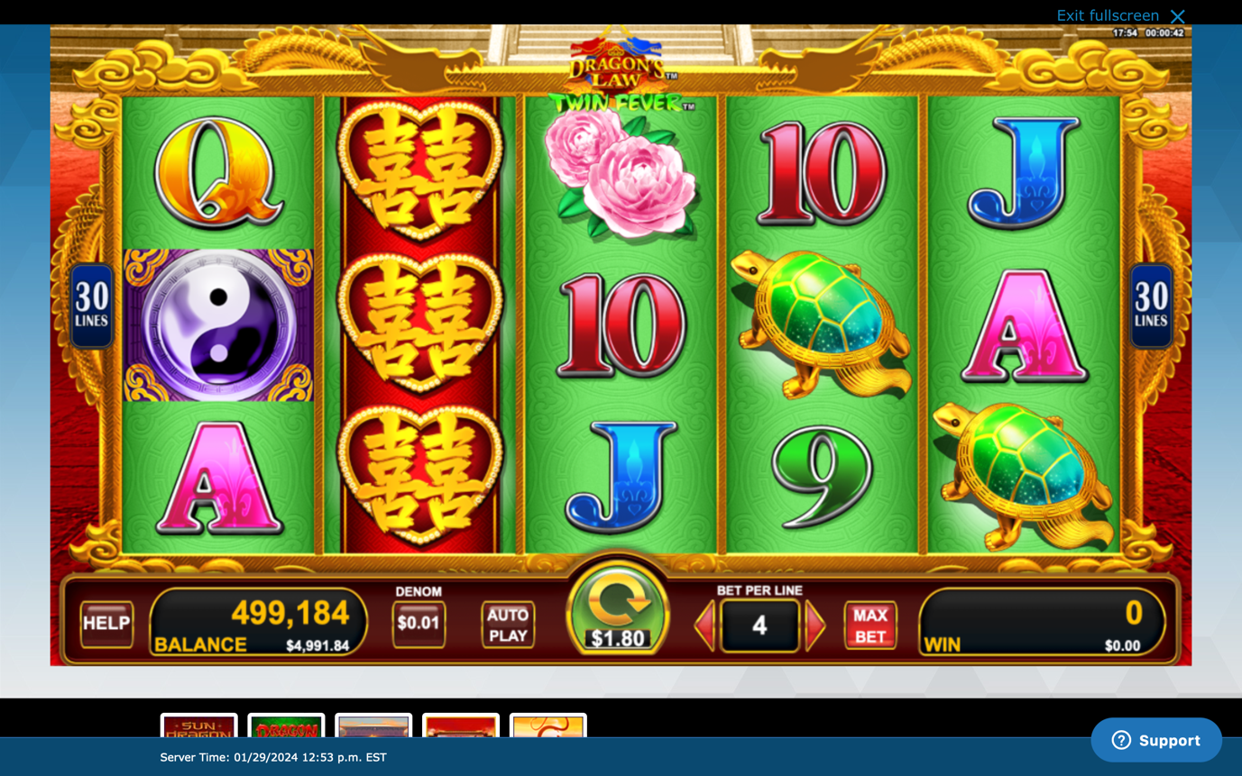 A screen shot of a resorts casino online year of the dragon slot game , dragon's law twin fever r with a dragon red background and symbols of lotus flowers, tortoises, and pigs