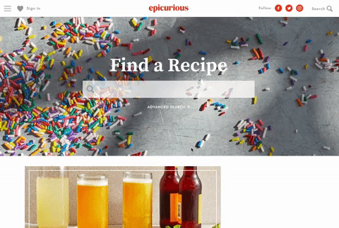 Epicurious uses a sticky navbar, making visiting and following them on social media easy