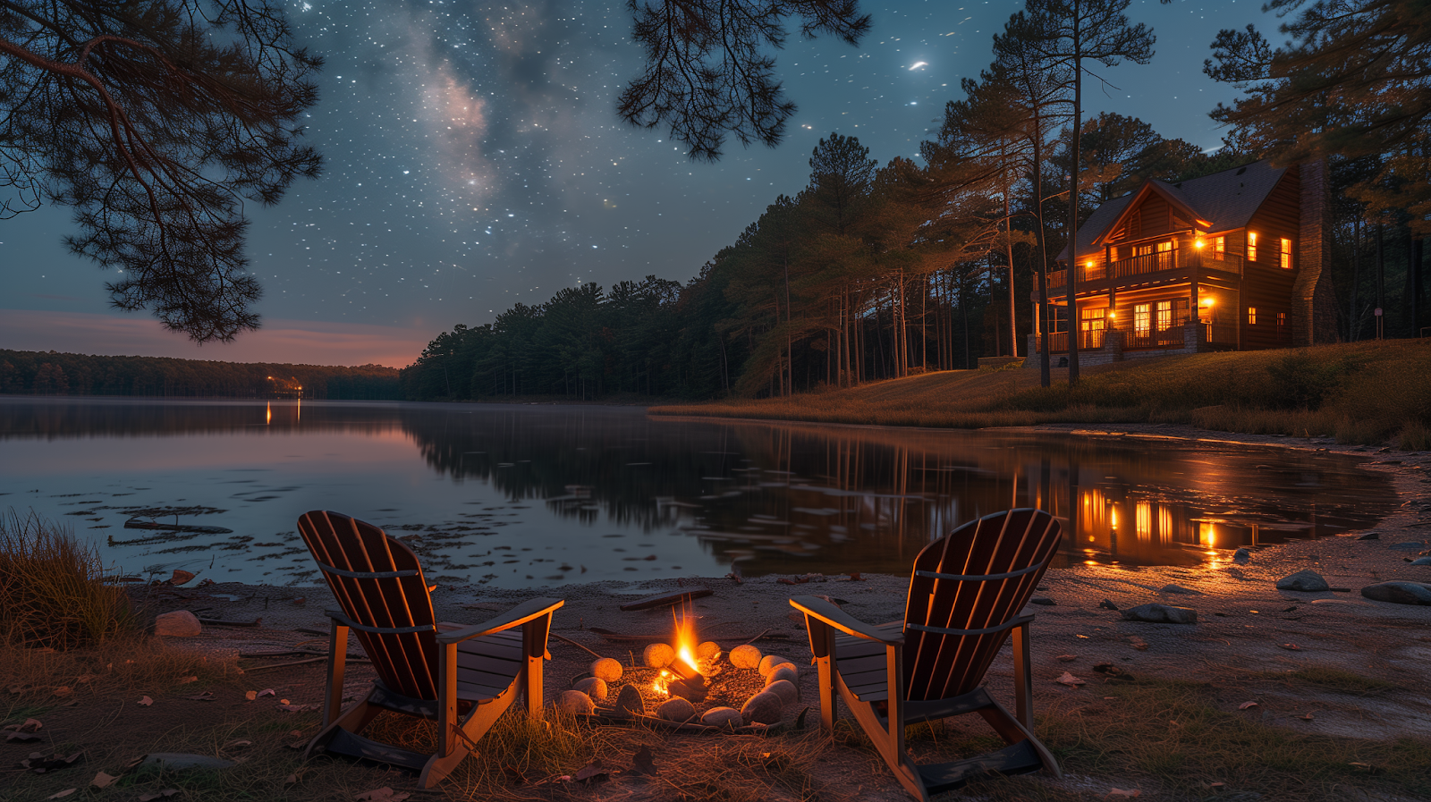 Stargazing adventures near a secluded cabin beside the lake.