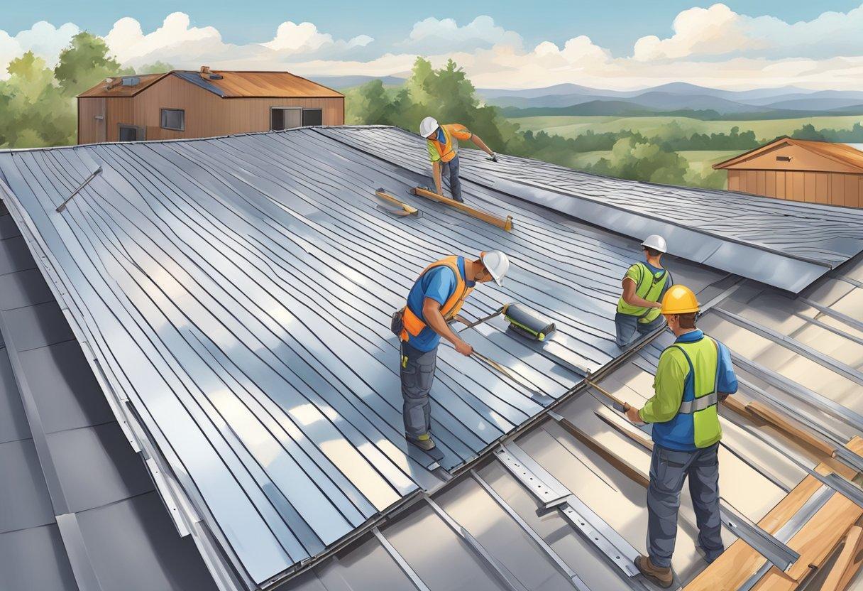 Workers measuring, cutting, and aligning metal roofing sheets on a bare roof structure. Tools and equipment scattered around the work area