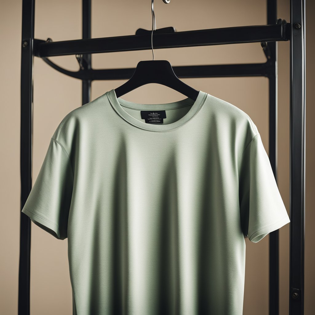 A drop shoulder t-shirt hangs on a hanger, with clean lines and loose fit