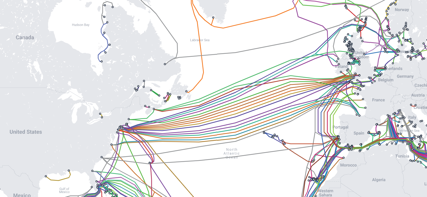 Map showing underwater telecomm cables between North America, Europe, and Africa