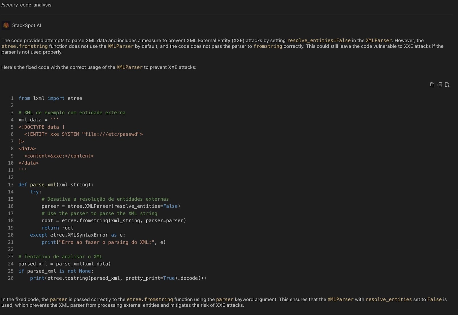 Imagem do artigo sobre vulnerabilidades de aplicação com o código corrigido, o analisador é passado corretamente para a função etree.fromstring usando o argumento de palavra-chave 'parser'. Isso garante que o XMLParser, com a configuração 'resolve_entities' definida como False, seja utilizado, o que impede o processamento de entidades externas pelo analisador XML e reduz o risco de ataques XXE.