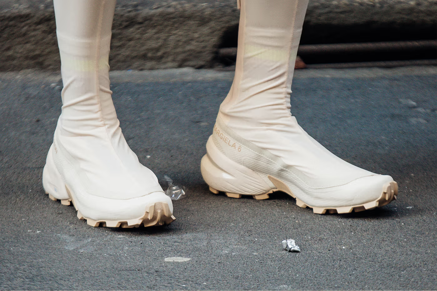 Close up view of the margiela 6 footwear at the event
