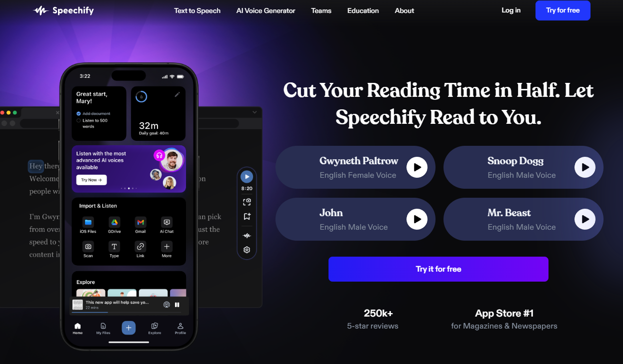 Speechify: Cut your reading time in half. Let speechify read to you