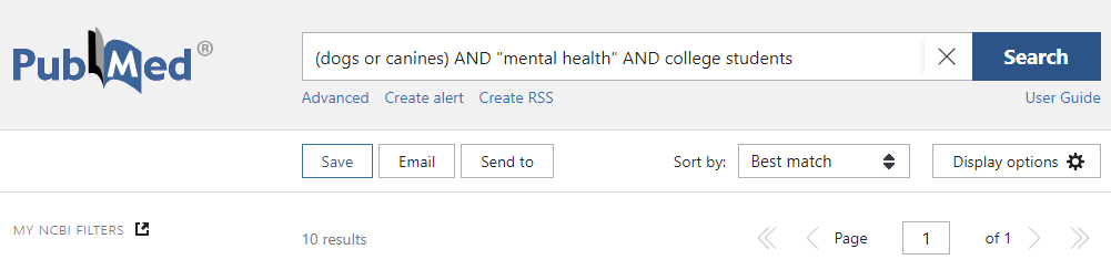 Screenshot of a search for (dogs or canines) AND "mental health" AND college students in the Pub Med database.
