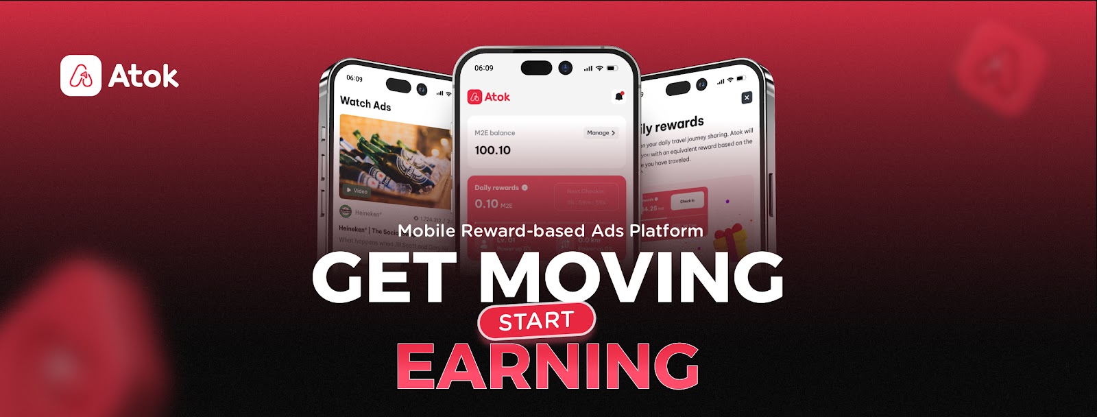 Có thể là hình ảnh về ‎văn bản cho biết '‎ts Atok ช CE 06:09 و WatchAds Ads Watch Atok H2Ebolorce M2E 100.10 K Mauga> rewards 150 Boilyrowenh scabowzmed Fmed Mobile Reward- Reward-based based Ads Platform GET MOVING START EARNING‎'‎