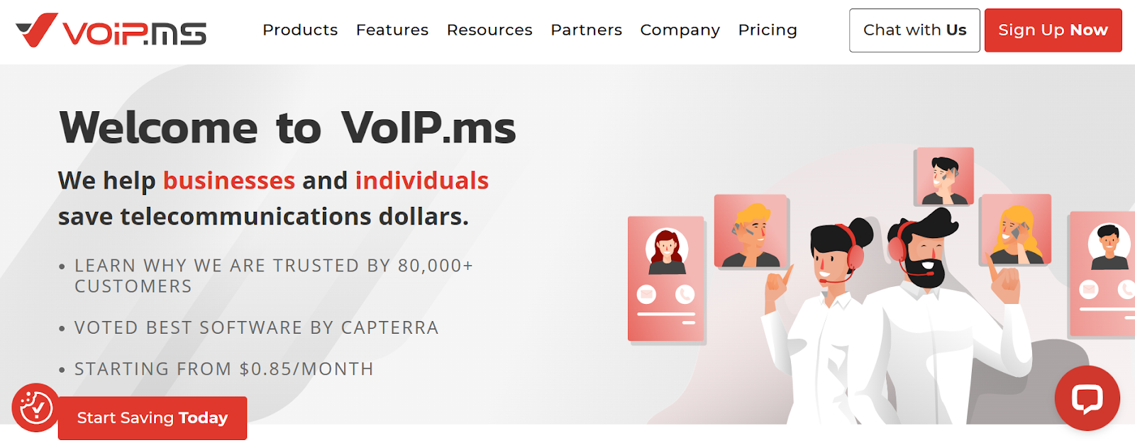 VoIP.ms website snapshot highlighting the services it offers.