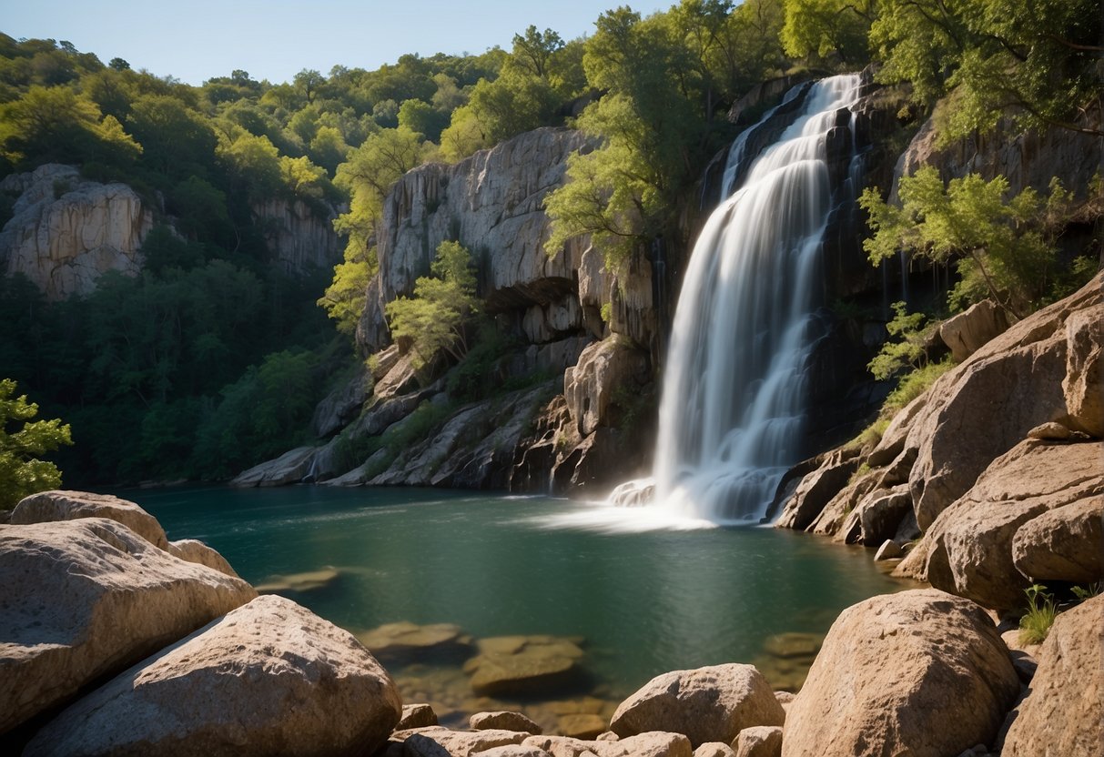 The waterfall cascades down the rocky cliff, surrounded by lush greenery and tall trees in Turner Falls Park