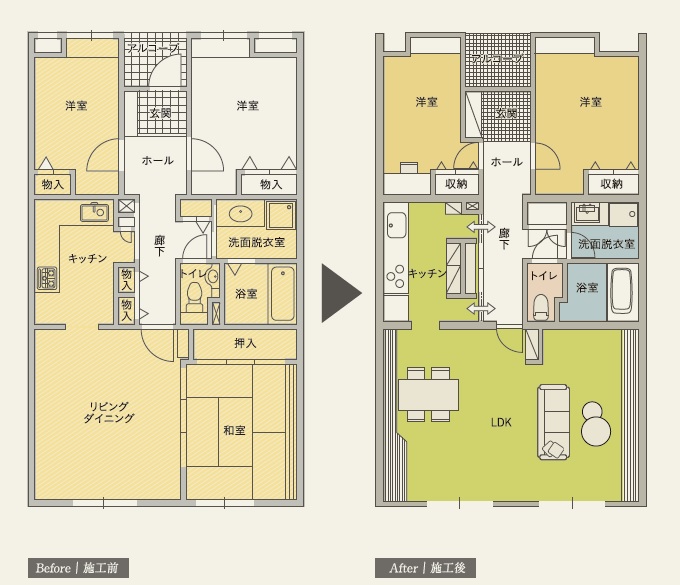 マンションリノベーションの間取り図ビフォーアフター