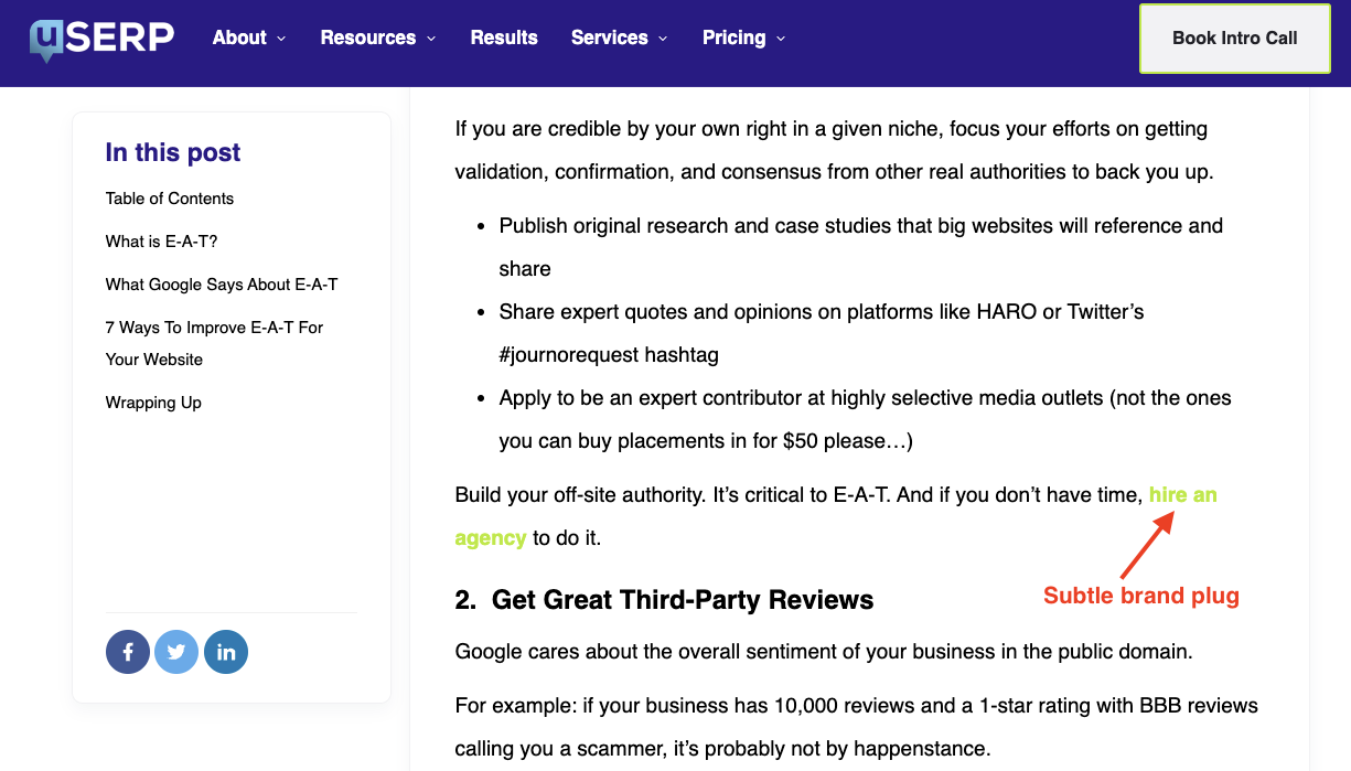 uSERP brand mention in the blog post.