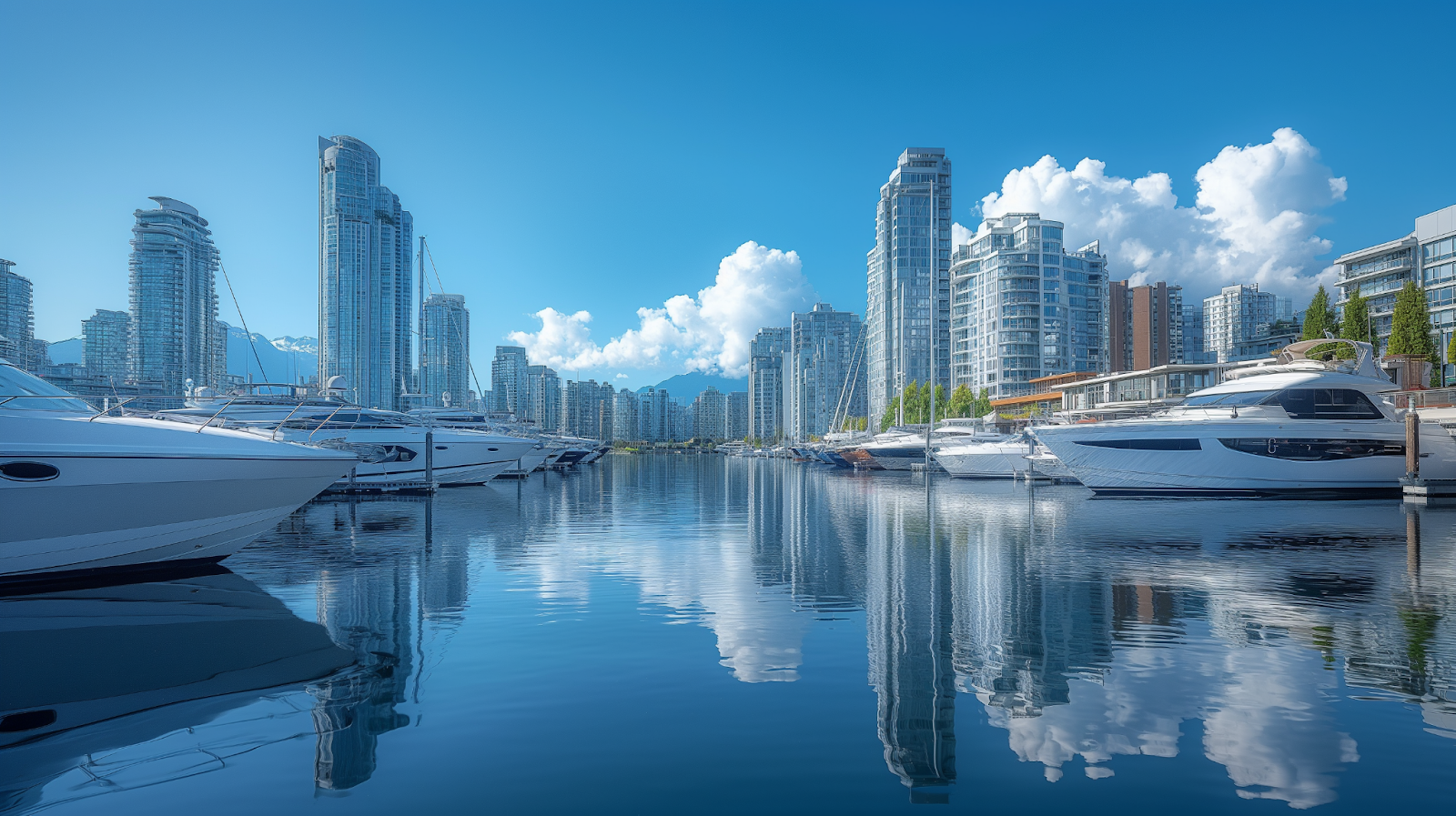 Sailboats moored in a marina, with Vancouver's sleek modern skyline rising in the background.