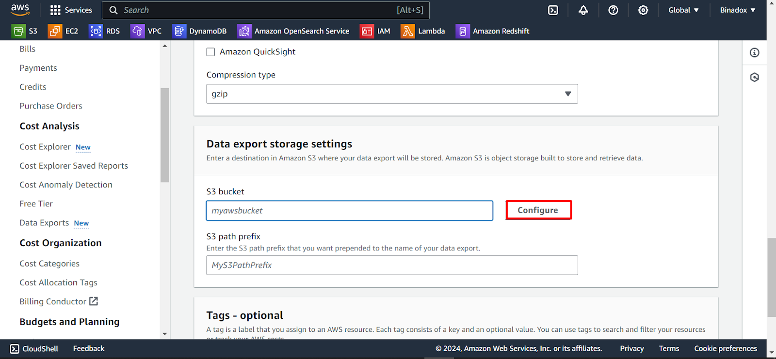 Data export storage settings