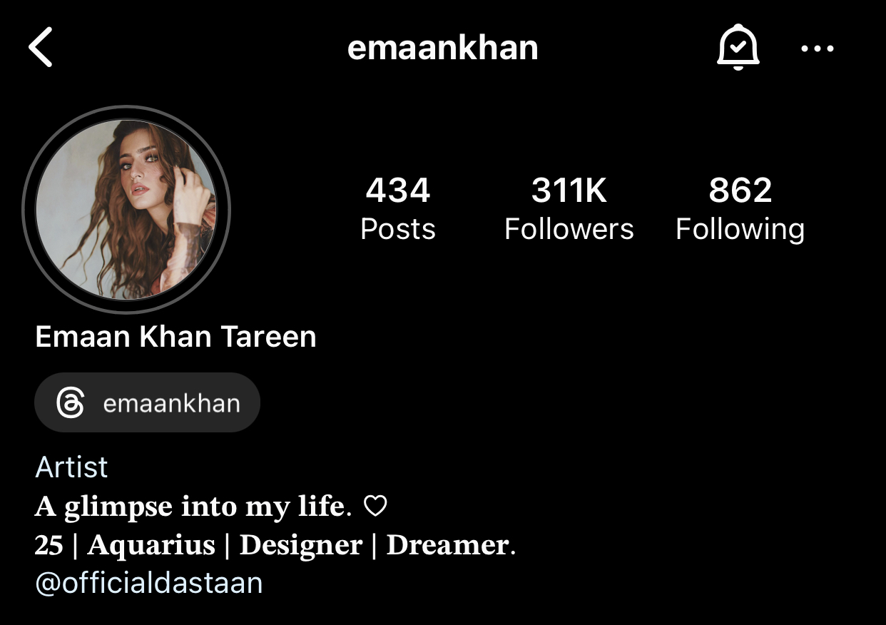 Emaan Khan’s bio includes a catchy one-liner about herself, along with personal and professional details.