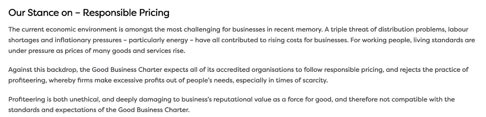 Good Business Charter customer service policy example: company values