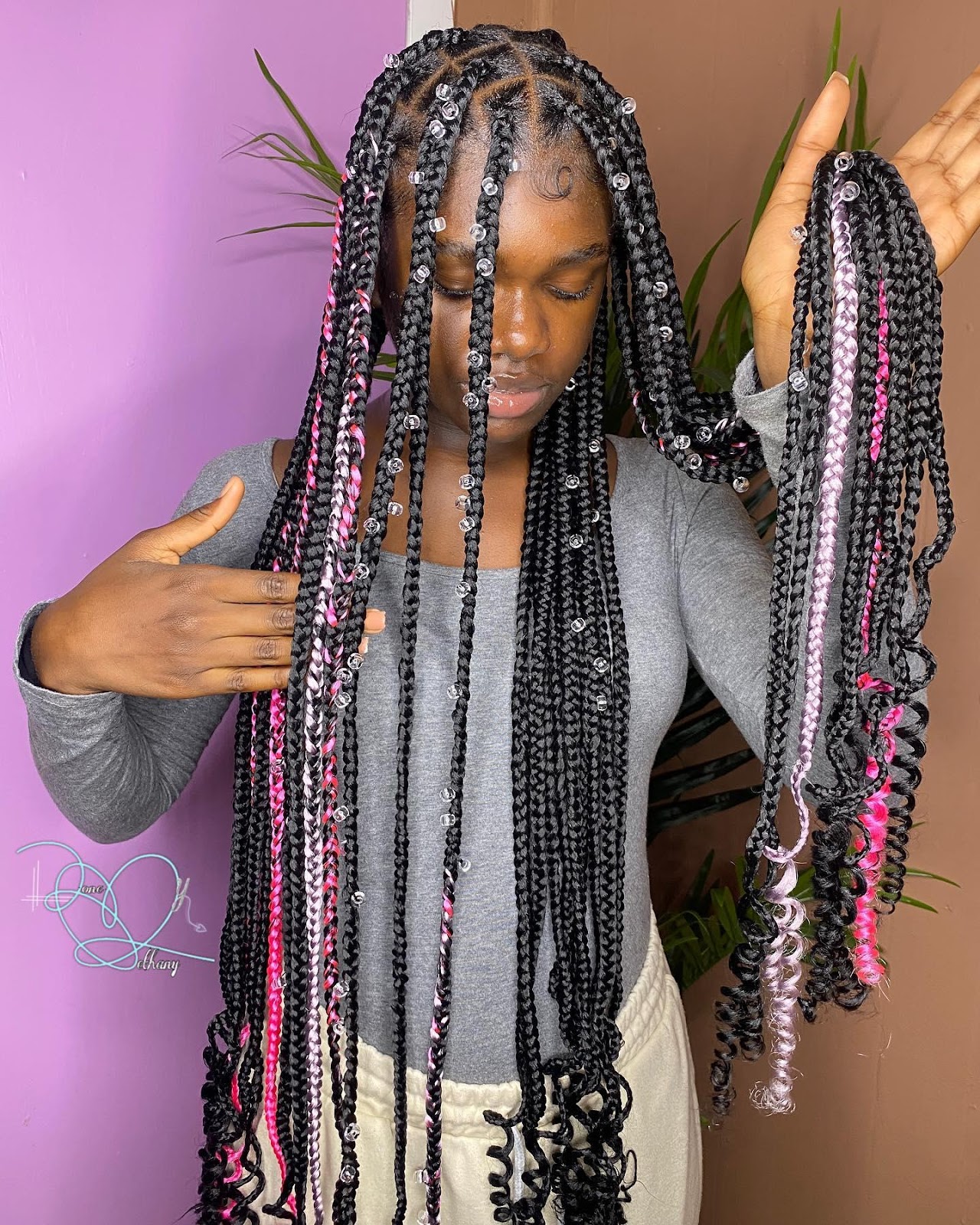 Medium Knotless Braids with Curled Ended & Rainbow Beads