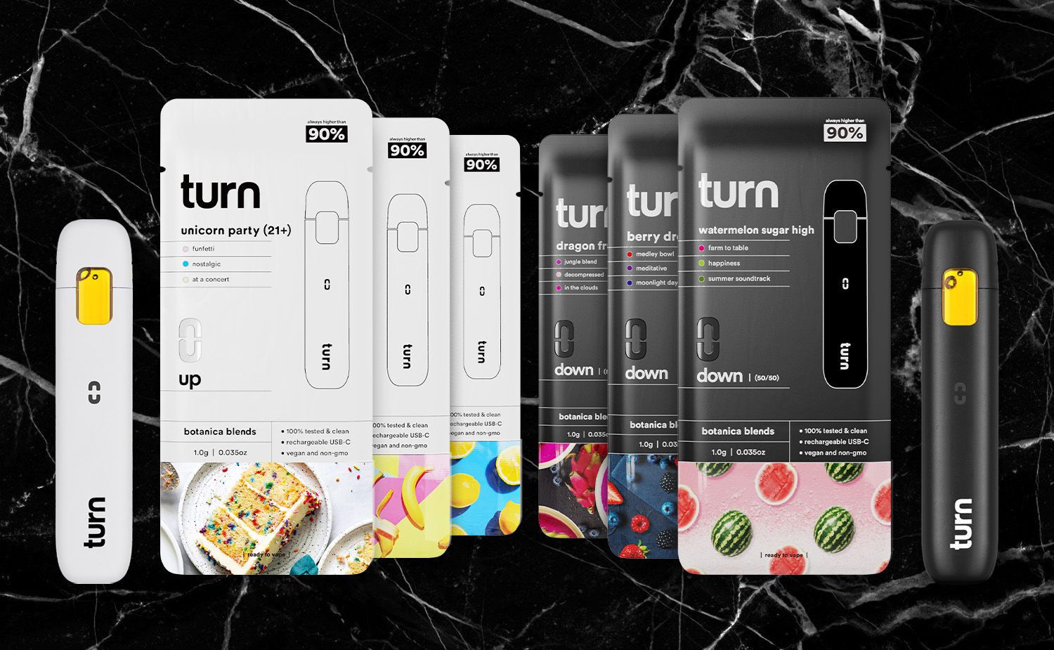 Turn Disposable Vape Pens are available filled with a variety of THC oils, providing a range of terpene profiles and effects states. The white "UP" packaging and black "DOWN" packaging from Turn THC Vapes allows customers to quickly understand the types of effects they can expect to experience.