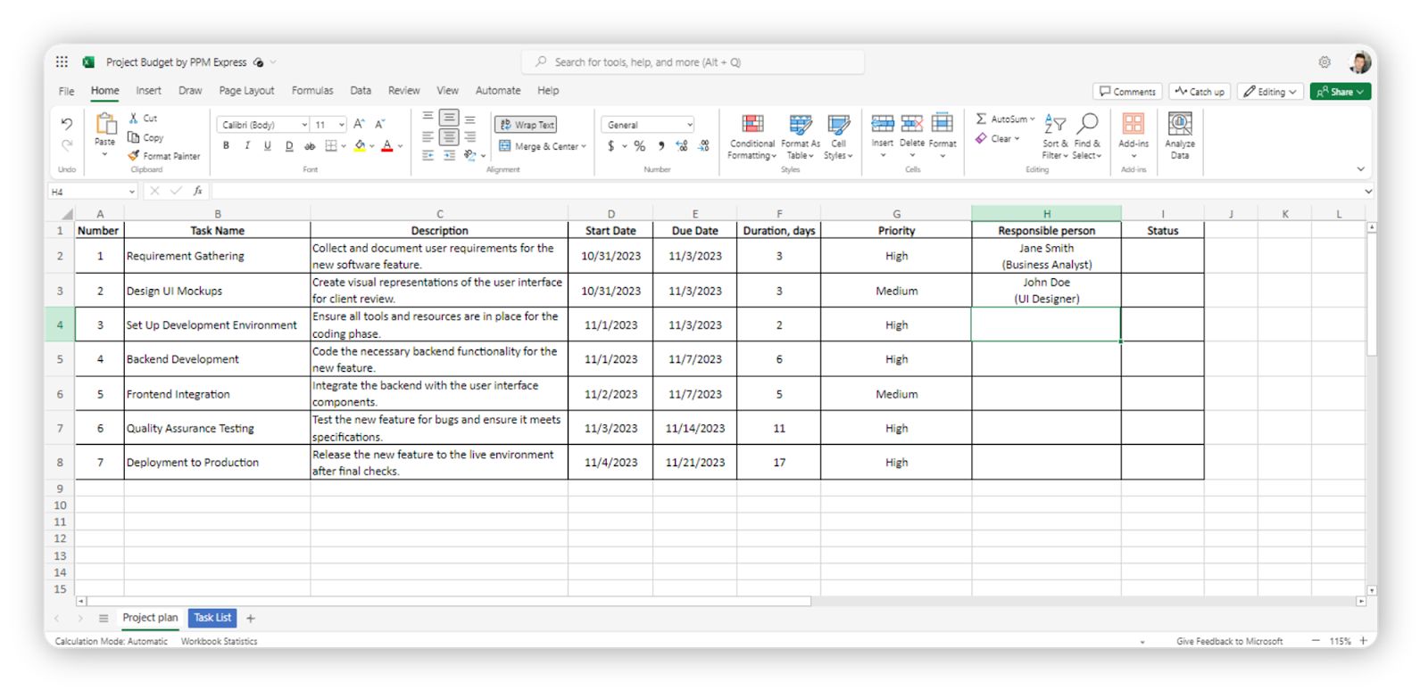 Free template of Excel project plan