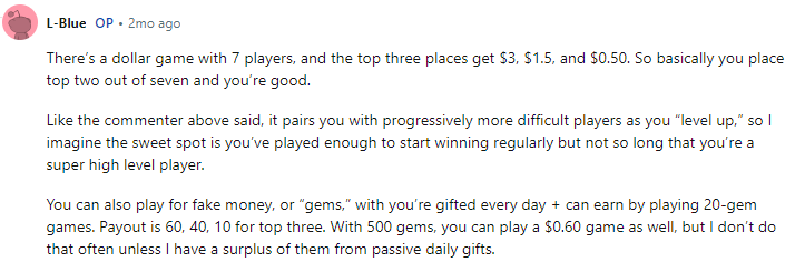A Redditor explaining that the game pairs you with harder players to beat as you progress and that you don't have to play for real money. 
