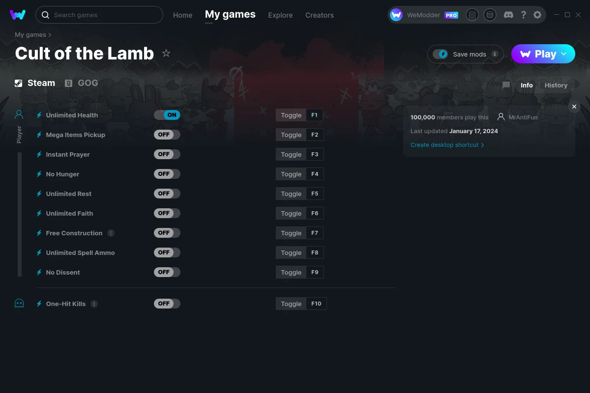 An in game screenshot of the Cult of the Lamb cheats mod from WeMod.
