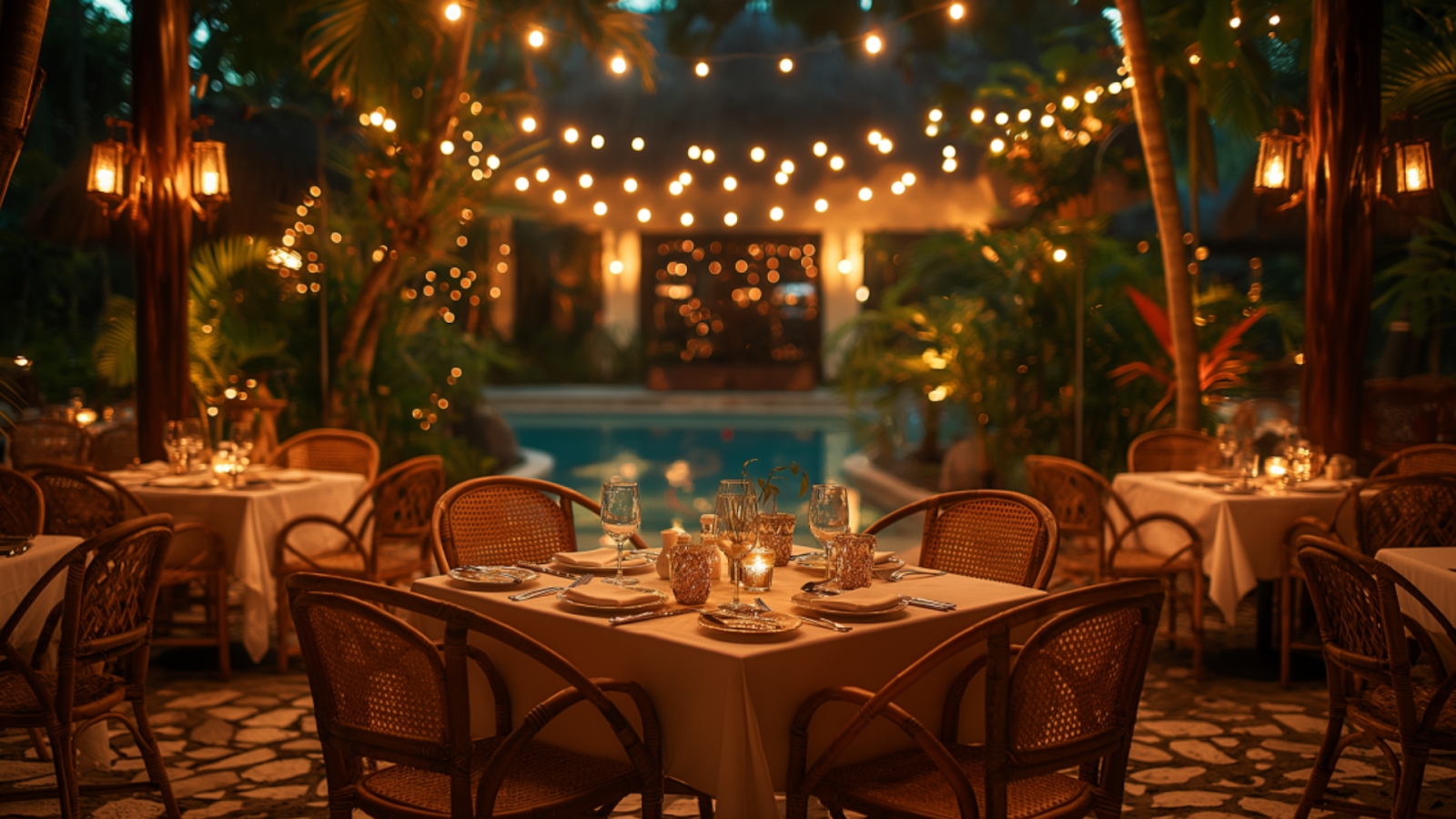 Sophisticated dinner setting in a Playa del Carmen restaurant terrace.