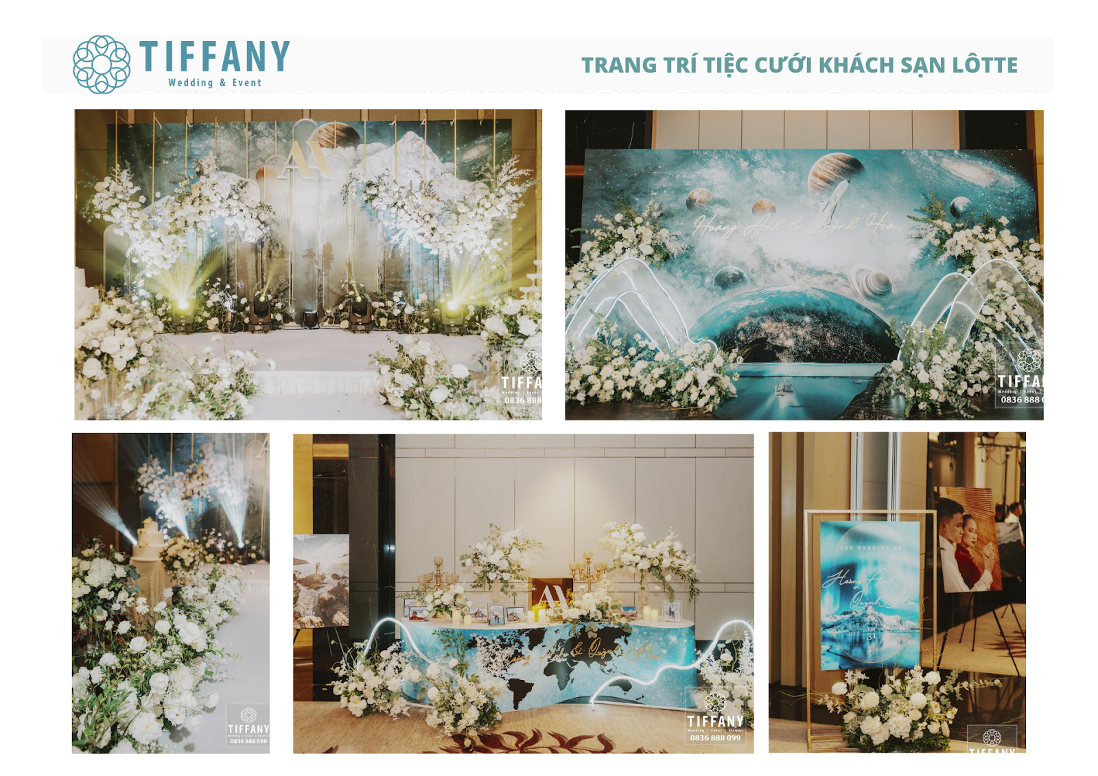 Mẫu trang trí tiệc cưới hoa lụa  – lá tươi tone xanh trắng theo concept “Vũ trụ tinh vân” tại Tiffany