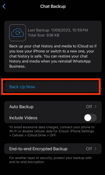 Now click on the ‘Back Up Now’ option to backup all your chats on WhatsApp to iCloud