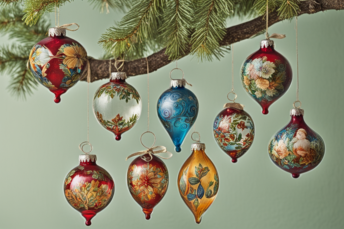 Painted glass ornaments hanging from a tree