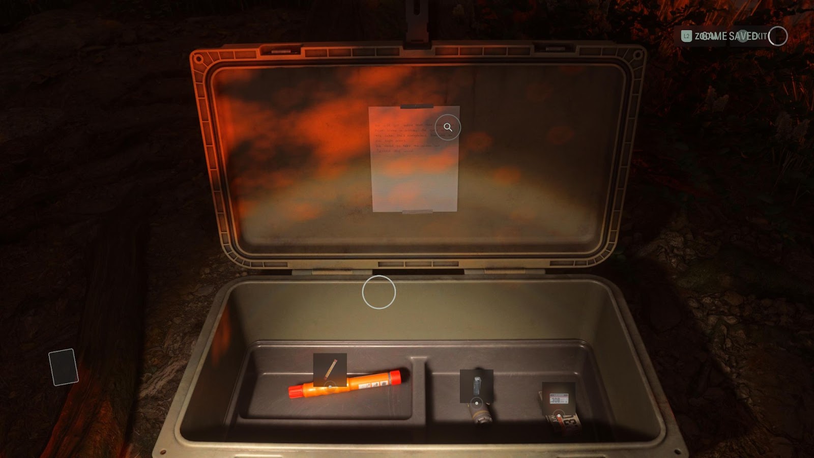 An in game screenshot of the inside of a cult stash from Alan Wake 2. 