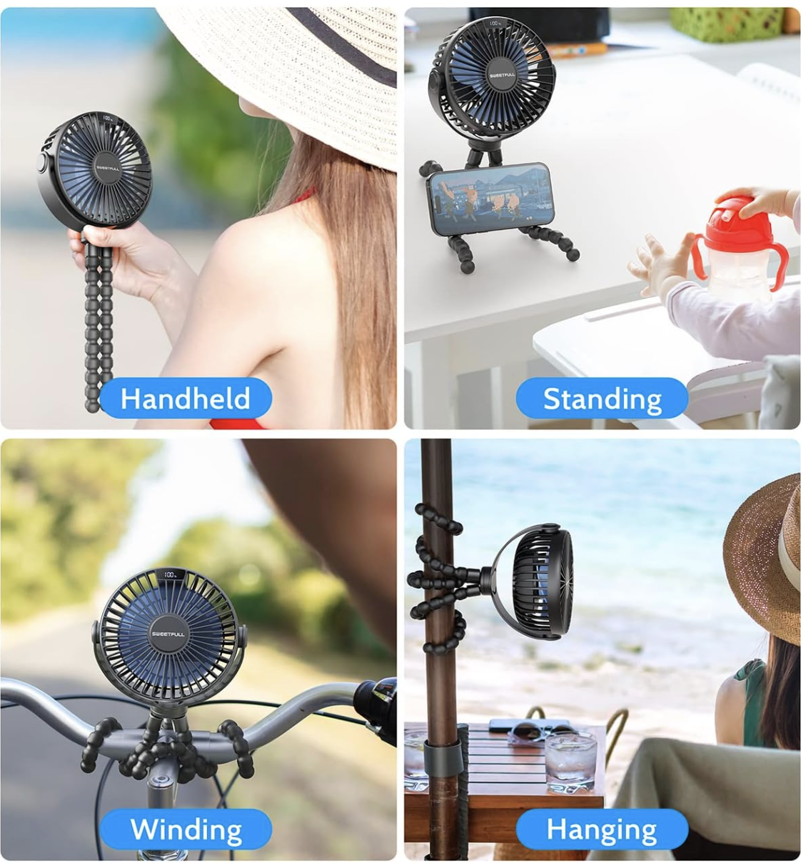 a portable fan shown 4 ways: on a bike handlebar outside, hanging at a beach, standing and holding a phone, and a woman in a hat holding it