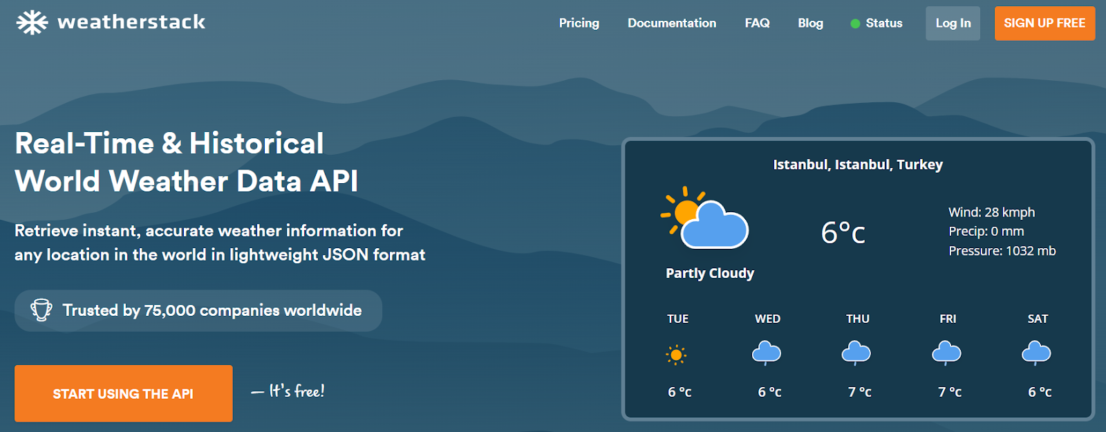 home page of the weatherstack weather forecast api free
