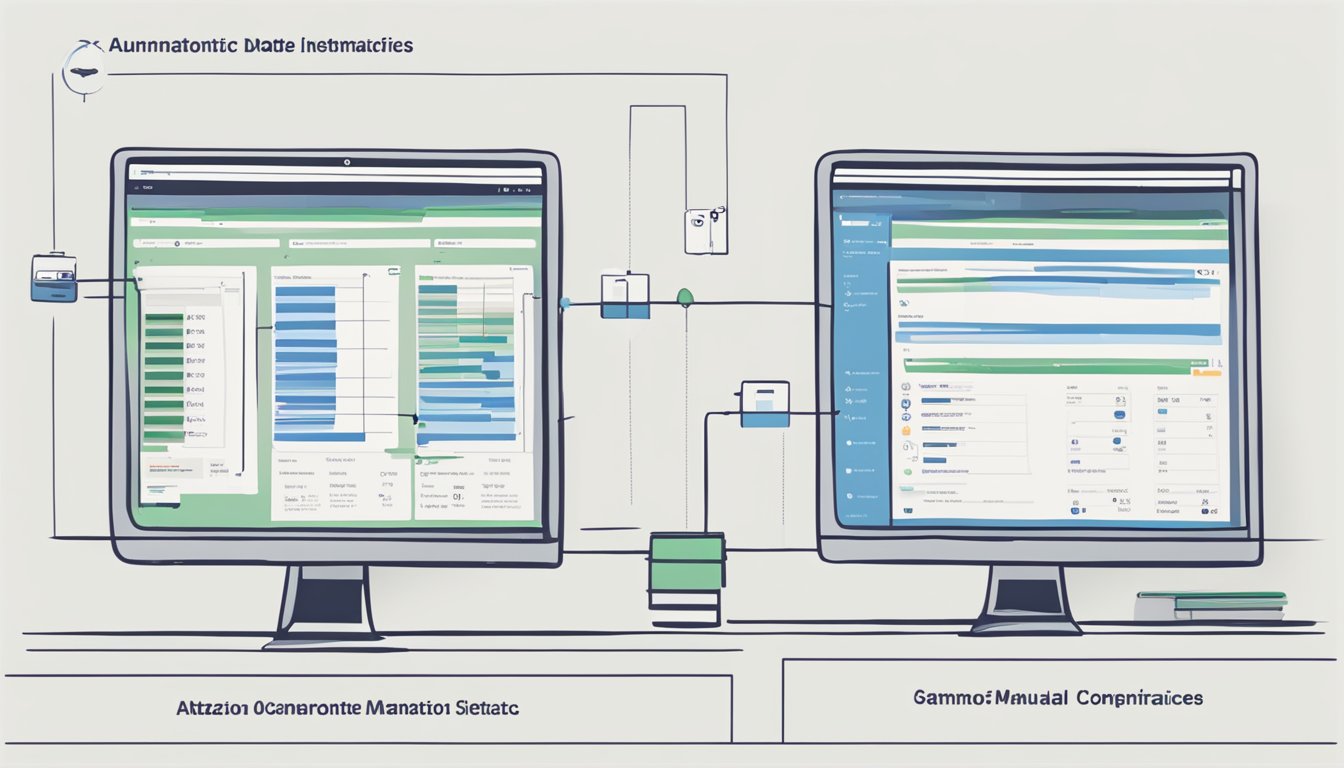 A split-screen showing two Amazon PPC campaign interfaces, one labeled "automatic" and the other "manual," with data and metrics displayed for comparison