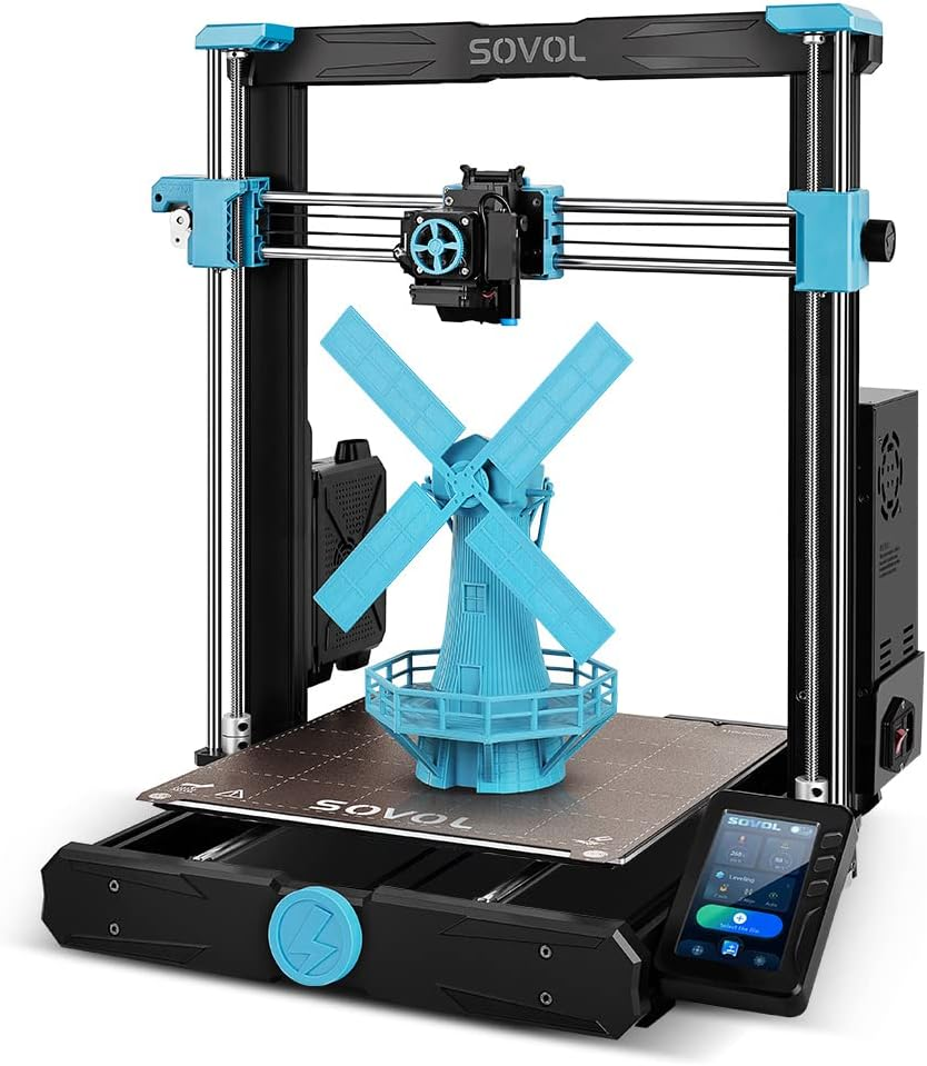 Blue windmill model created with the Sovol SV06 3D printer, showcasing it as one of the best 3D printers for beginners due to its user-friendly interface and precise printing capabilities