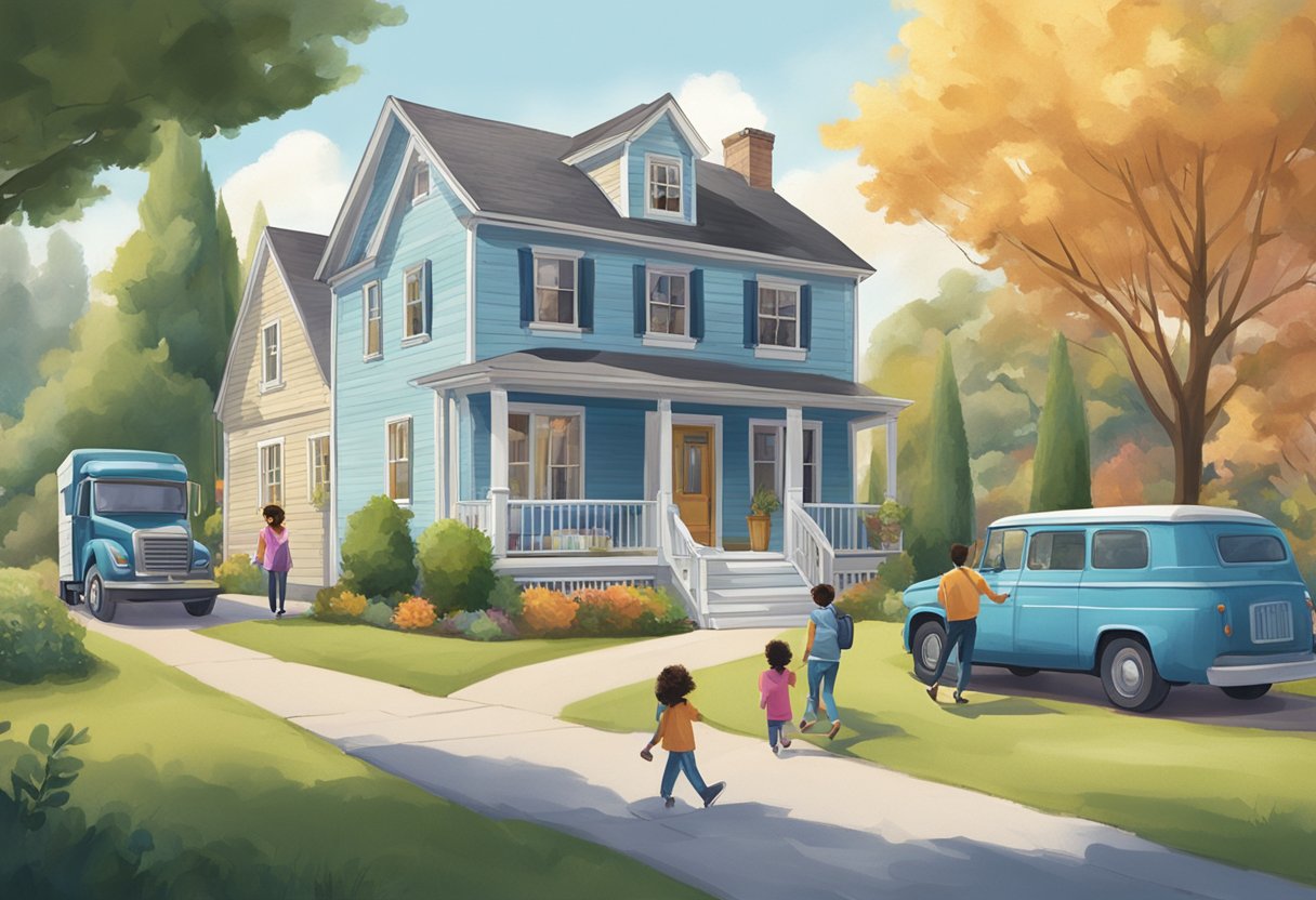 A house with a "For Sale" sign in the front yard, a moving truck parked outside, and a smiling family walking towards the house