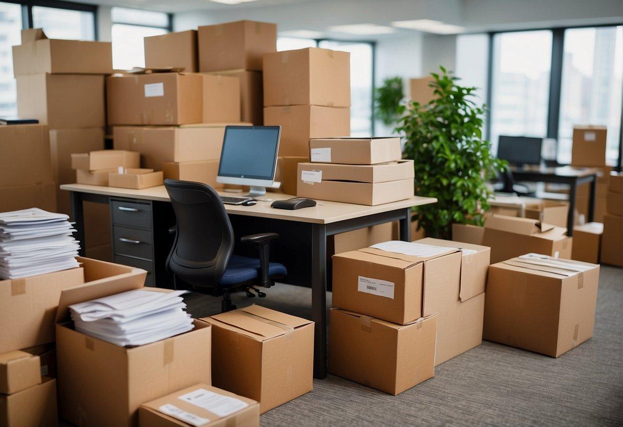 Office supplies packed in labeled boxes, movers coordinating with staff, a floor plan with designated areas for furniture and equipment