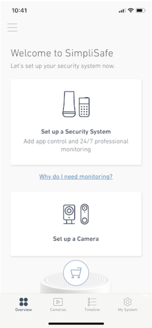 Home screen for SimpliSafe® Mobile App with Set up Security System and Set up a Camera options