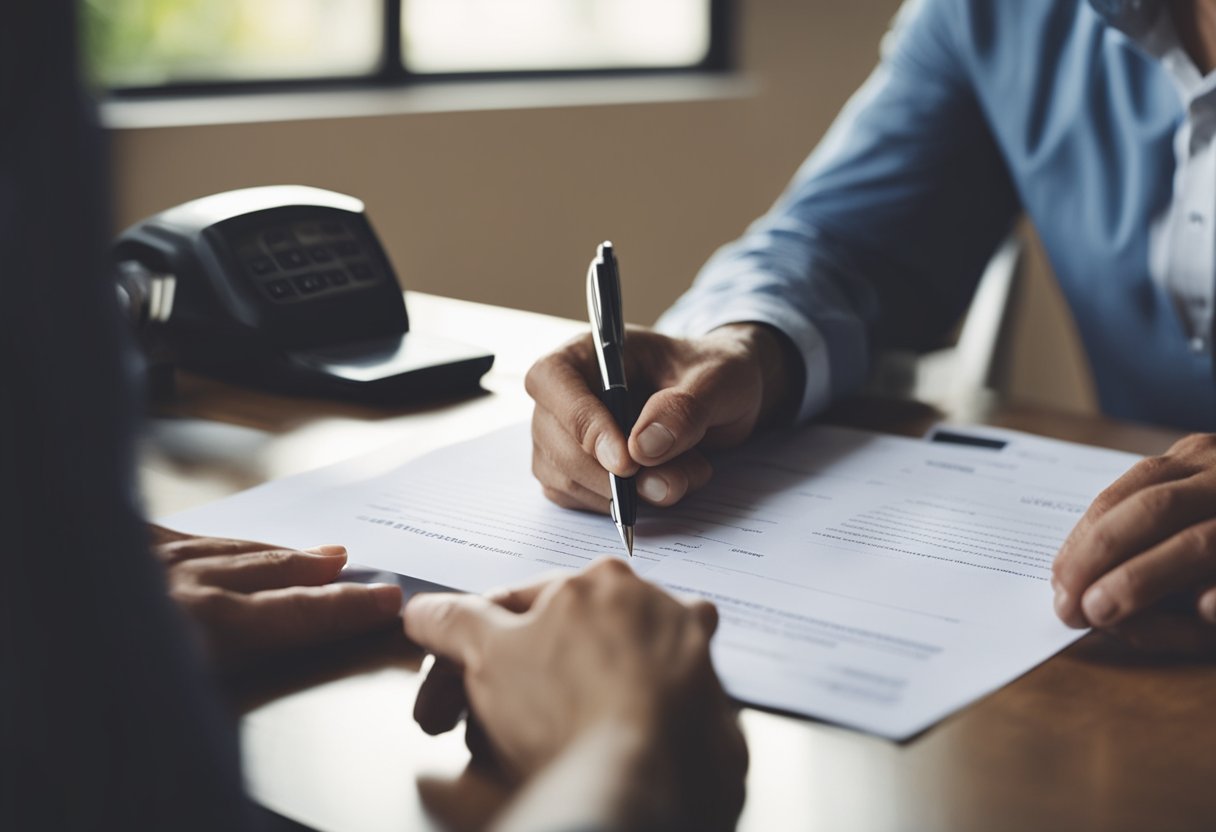 A person signing a home insurance policy at a real estate office. Documents and a pen on the table. A house key in hand