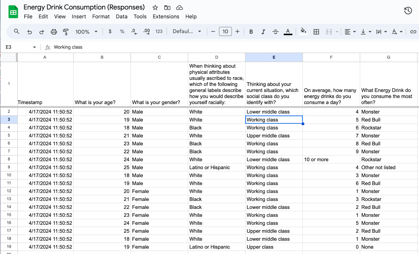 Example of a spreadsheet showing all the responses