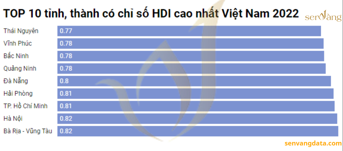 TOP 10 tỉnh, thành có chỉ số HDI cao nhất Việt Nam 2022. Nguồn: Số liệu thống kê từ Niên giám thống kê 2022